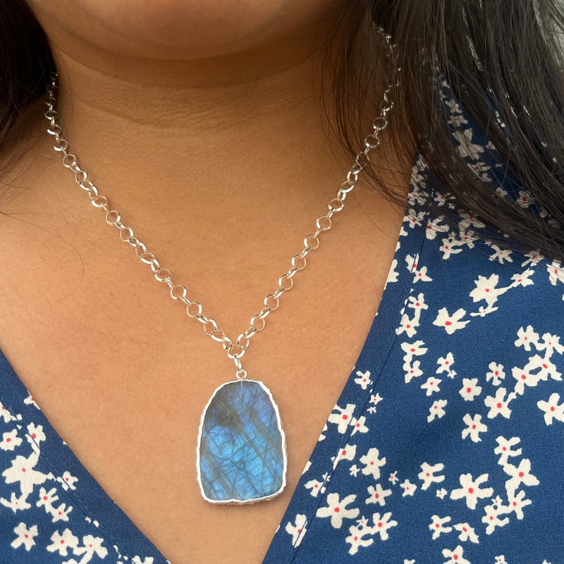 Blue Flash Labradorite Statement Necklace Large Polished Stone