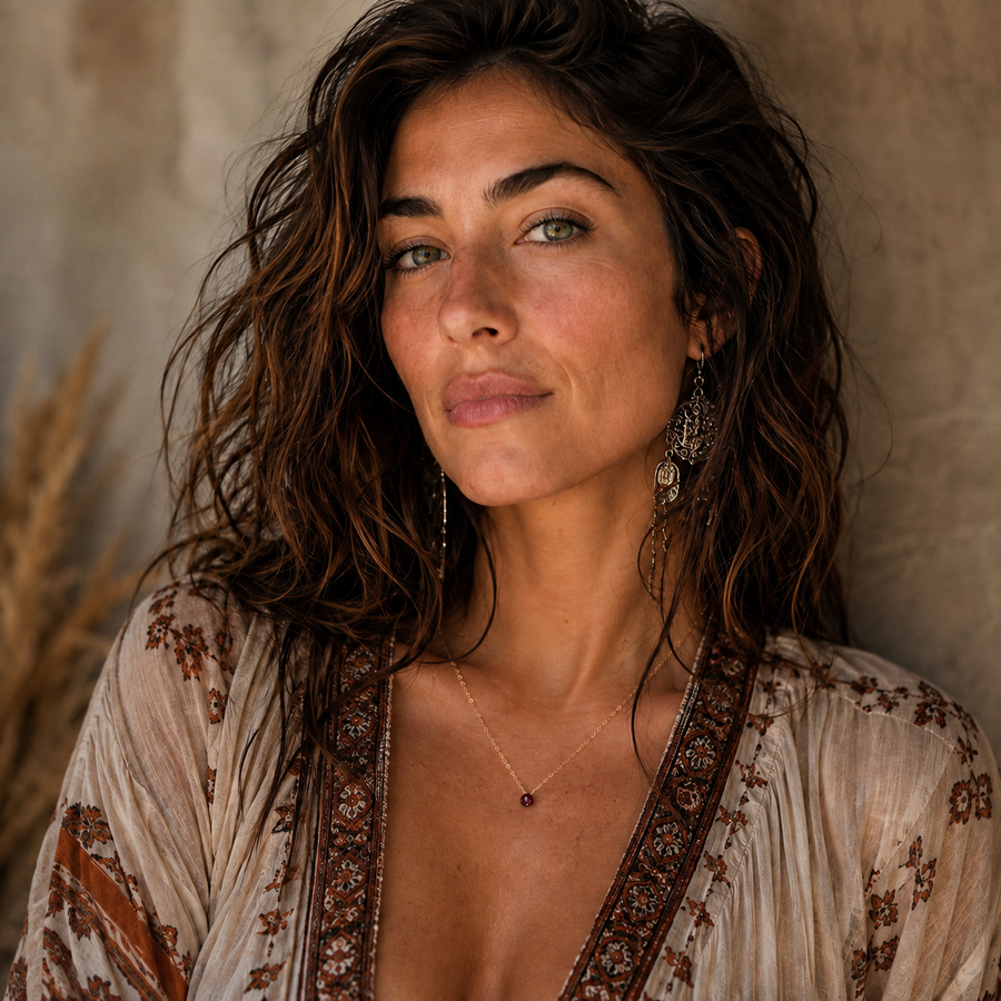 Model wearing a minimalist natural rhodolite garnet teardrop necklace on a delicate gold-filled chain
