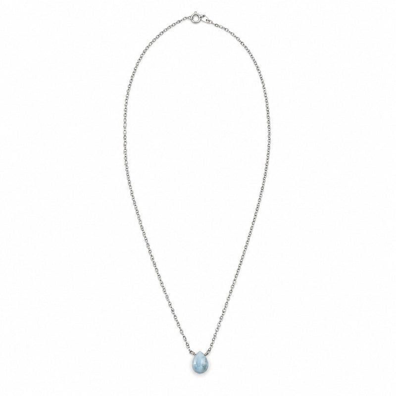 Full view of a delicate sterling silver chain necklace with a small blue Larimar teardrop