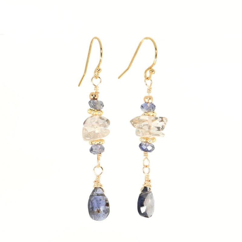 Iolite and smoky quartz drop earrings on gold-filled hooks
