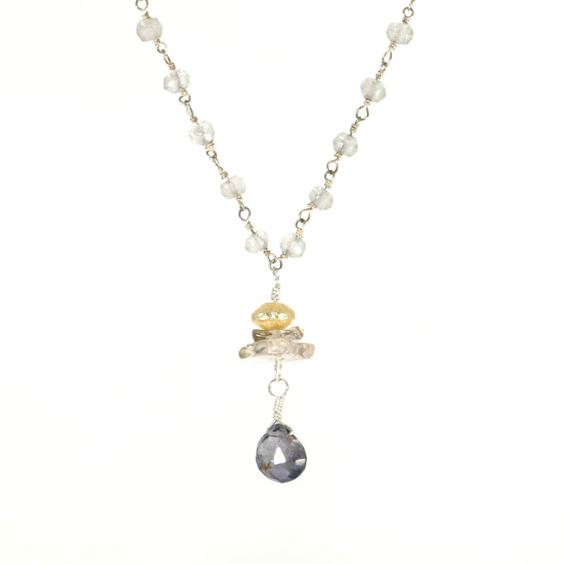 Moonstone rosary necklace with smoky quartz and iolite drop in sterling silver, front view