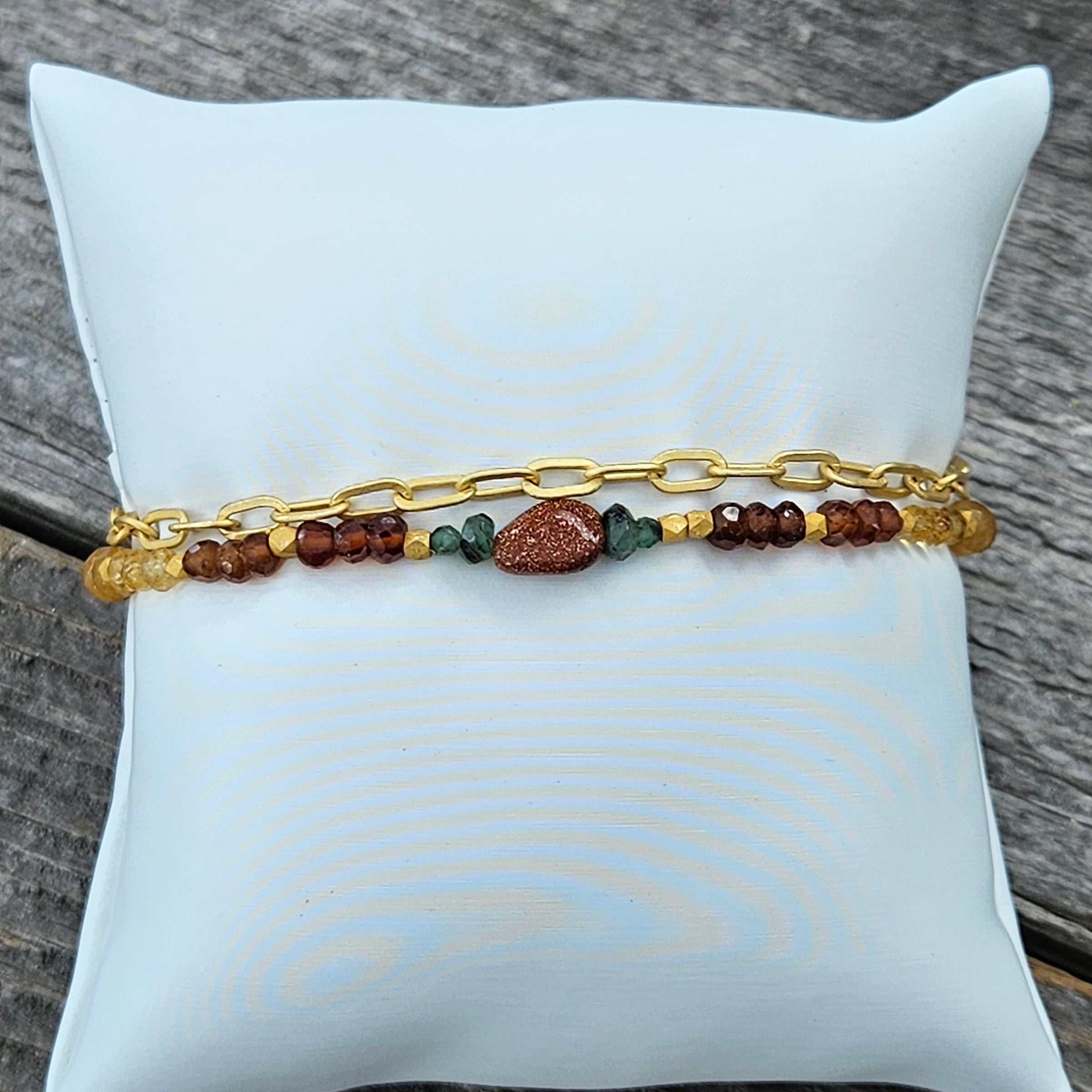 Adjustable Rhodium Plated Sunstone Beaded Bracelet - Charming Beads
