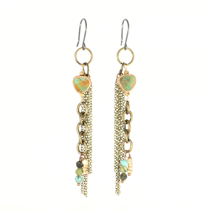 Boho brass turquoise dangle earrings with chain fringe, product view.