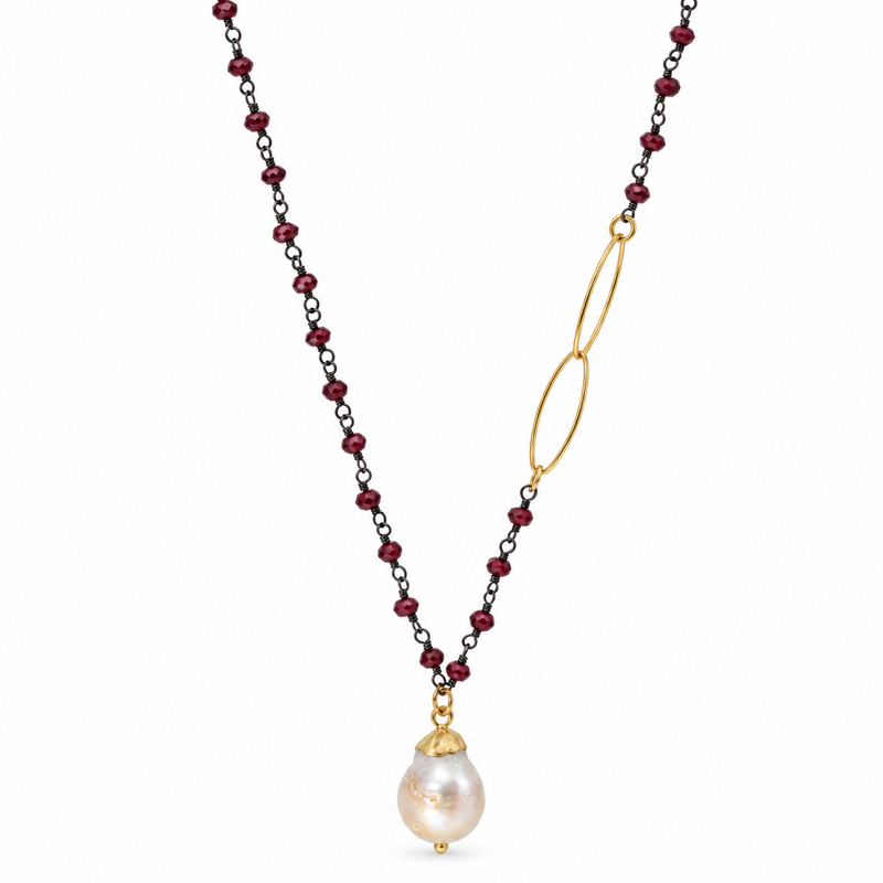 Garnet rosary necklace with gold-filled marquise link and baroque pearl drop