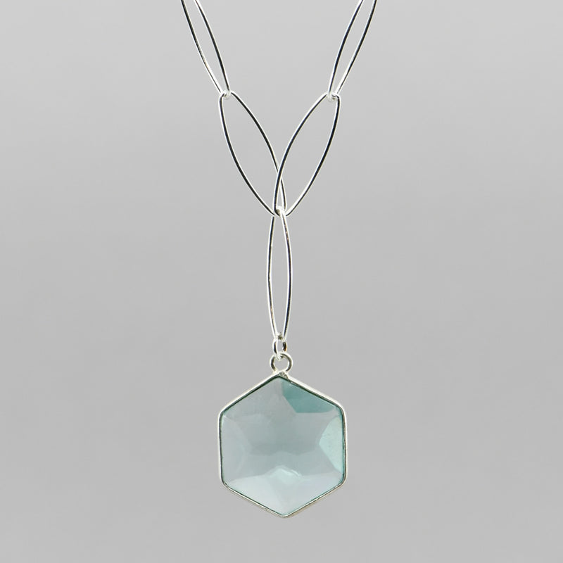 18" Aqua Blue Topaz Necklace - Hexagon Pendant Sterling Silver Adjustable Chain | Handmade Y Necklace