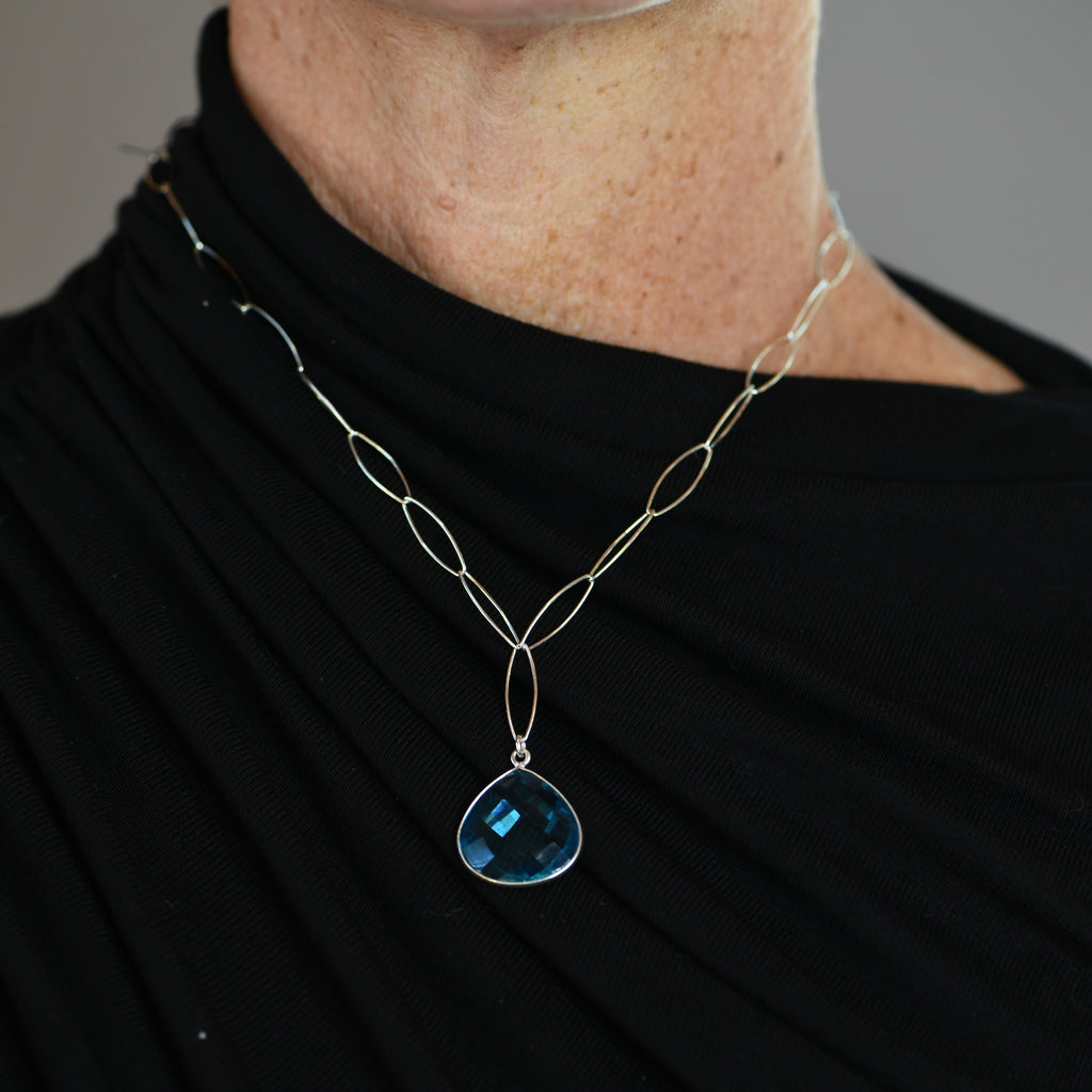 18" Aqua Blue Topaz Necklace - Pear Pendant Sterling Silver Eye Chain | Handmade Y Necklace