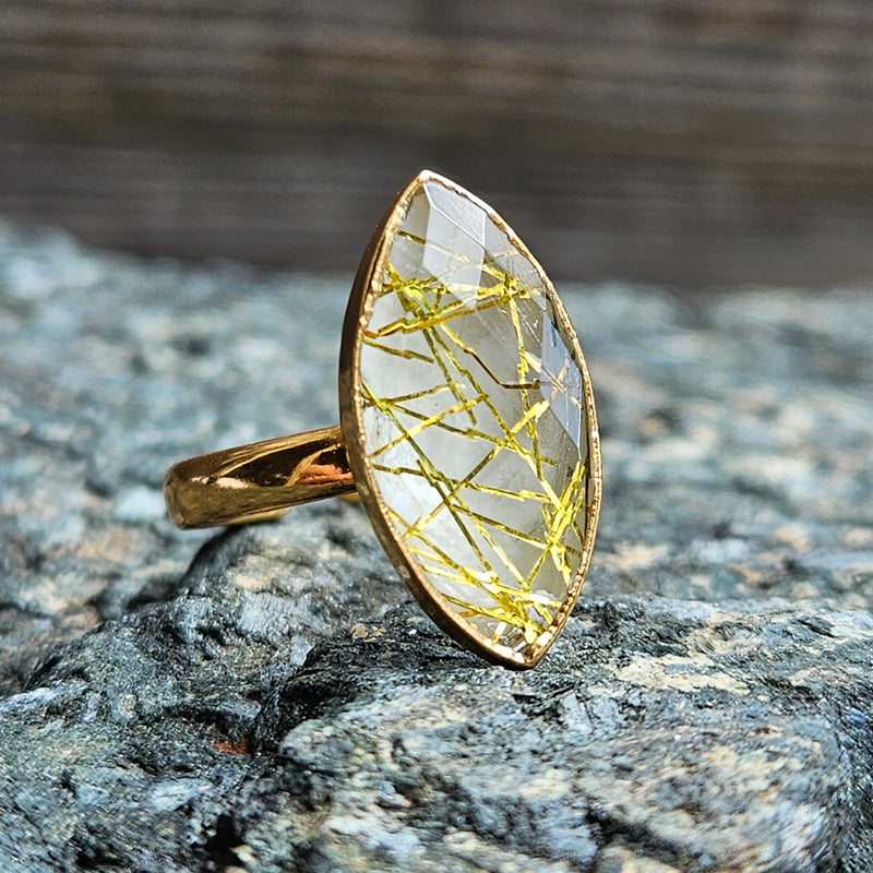 Gold Rutile Rustic Marquis Ring