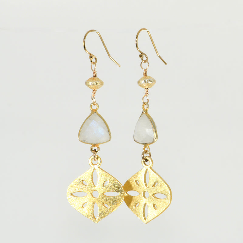 Trillion rainbow moonstone in gold bezel above a pierced gold mandala disk on gold-filled hooks