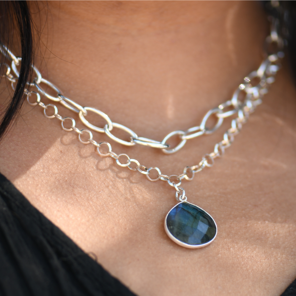Blue Flash Labradorite Pendant on 20" Rolo Chain