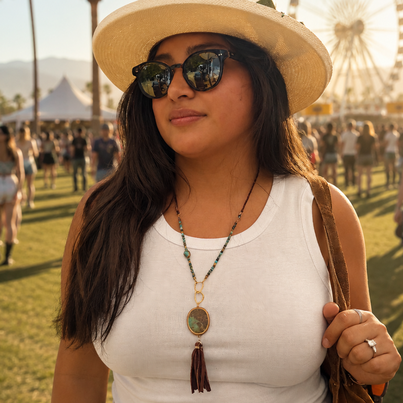 Woman wearing turquoise and leather tassel necklace at an outdoor festival