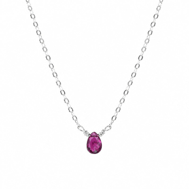 Sterling silver rhodolite garnet teardrop necklace, full length view.