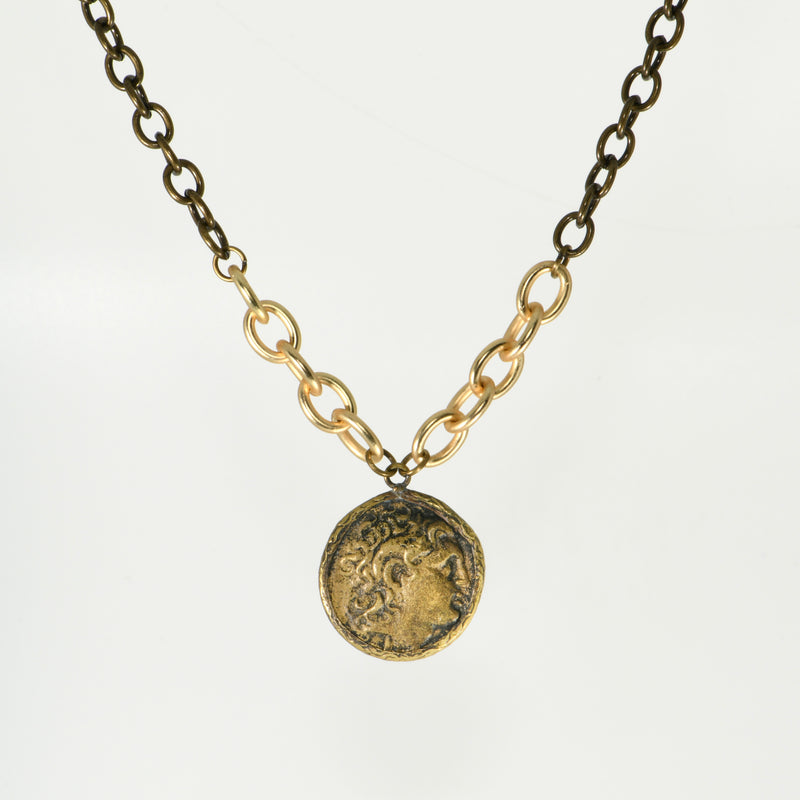 Roman coin replica pendant on antique brass chain with matte gold links