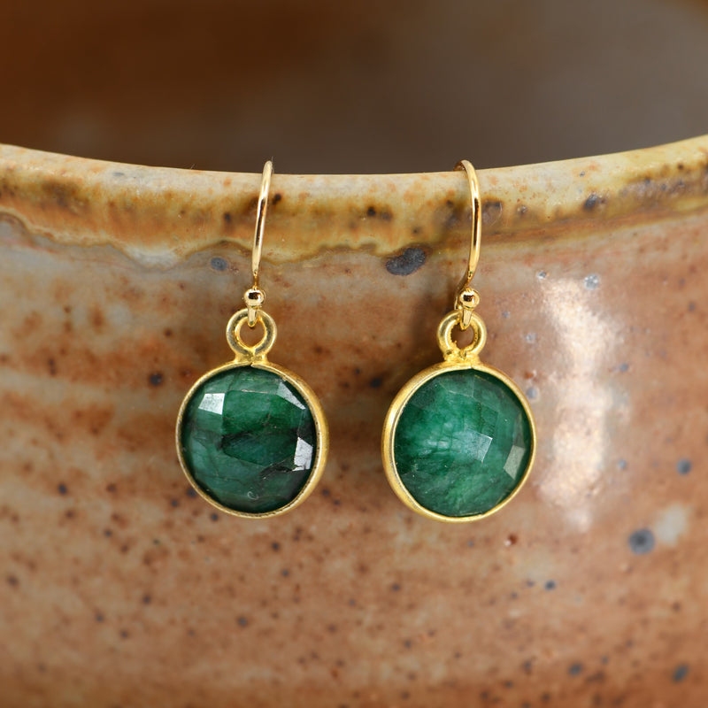 Handcrafted 10mm Emerald Gold Bezel Earrings | Natural Stone