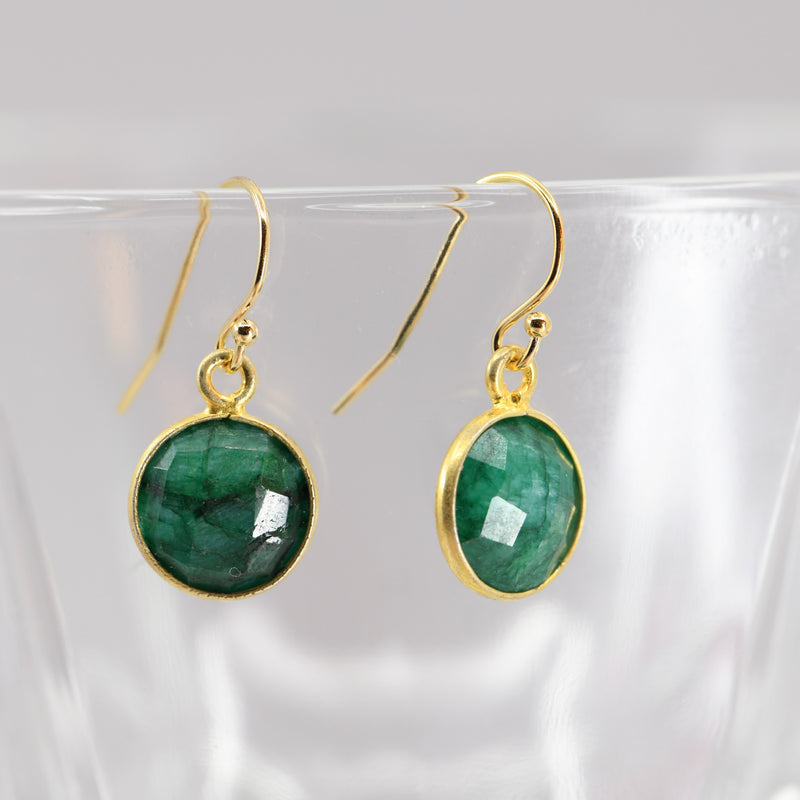 Handcrafted 10mm Emerald Gold Bezel Earrings | Natural Stone