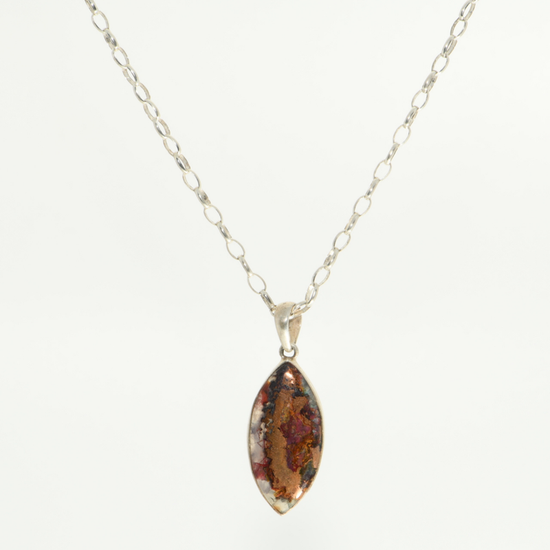 Native copper marquise pendant in sterling silver bezel on sterling silver chain