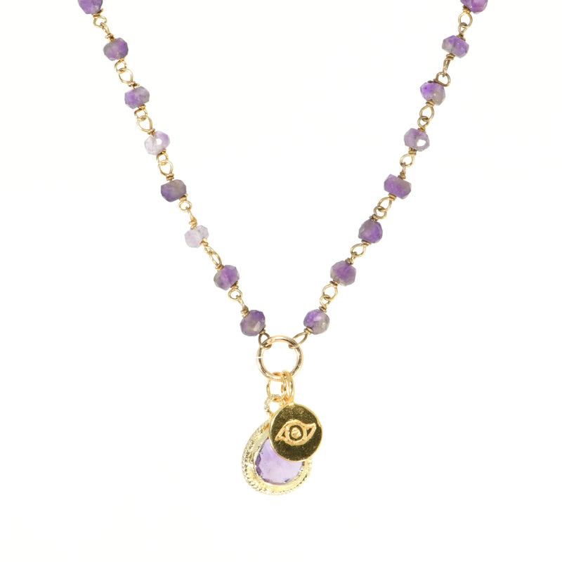 Amethyst rosary chain with bezel-set amethyst and gold evil eye charm