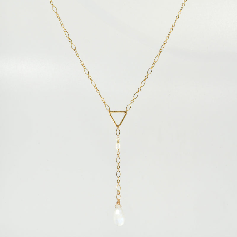 Rainbow moonstone teardrop Y necklace in gold-filled, full length view