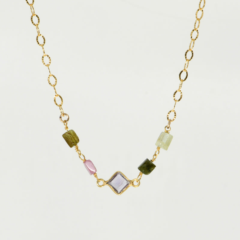 Multicolor tourmaline rosary bar necklace on gold-filled diamond-cut chain