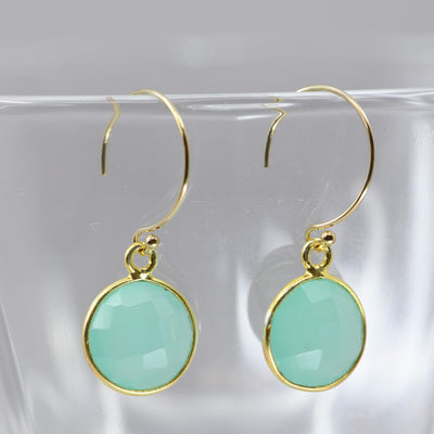 Round aqua chalcedony drop earrings on gold-filled half-hoop ear wires
