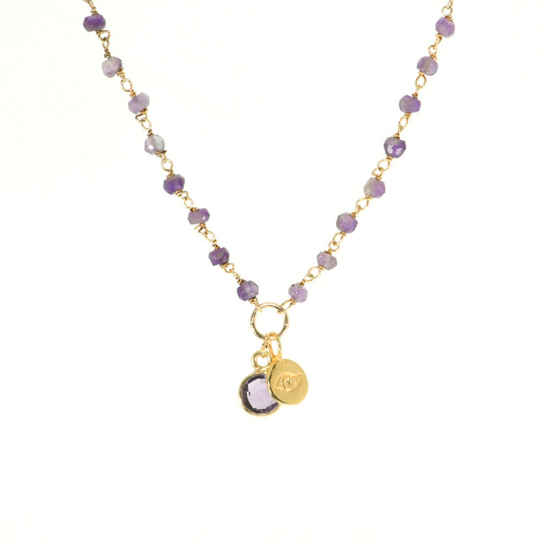 Amethyst rosary chain with faceted amethyst drop and gold evil eye charm