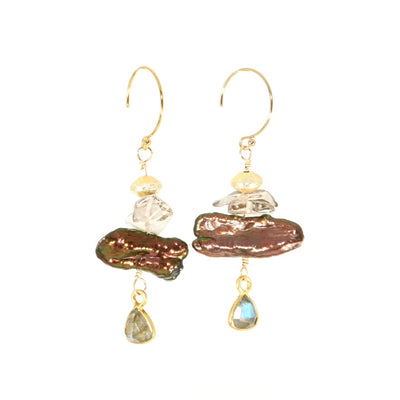 Smoky quartz, pearl and labradorite drop earrings on gold-filled hooks