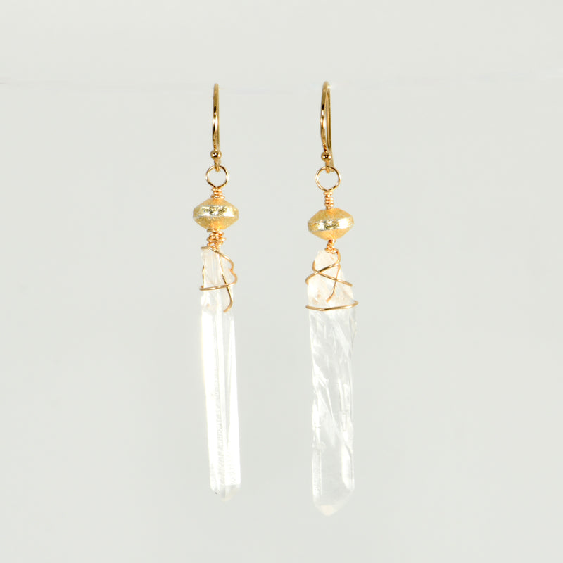 Crystal quartz point drop earrings wire wrapped in gold-filled wire with gold disks