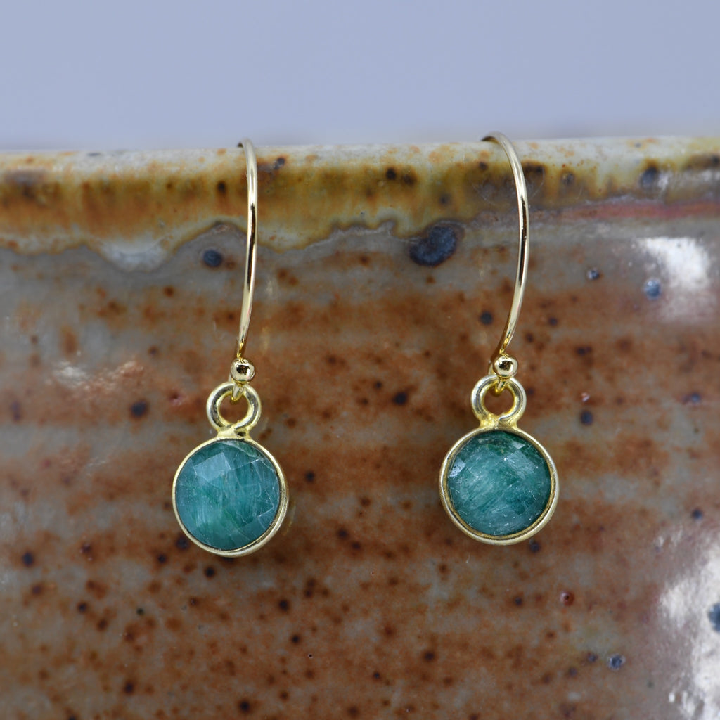 Natural Emerald Drop Earrings | Small Round Gold-Filled May Birthstone Jewelry