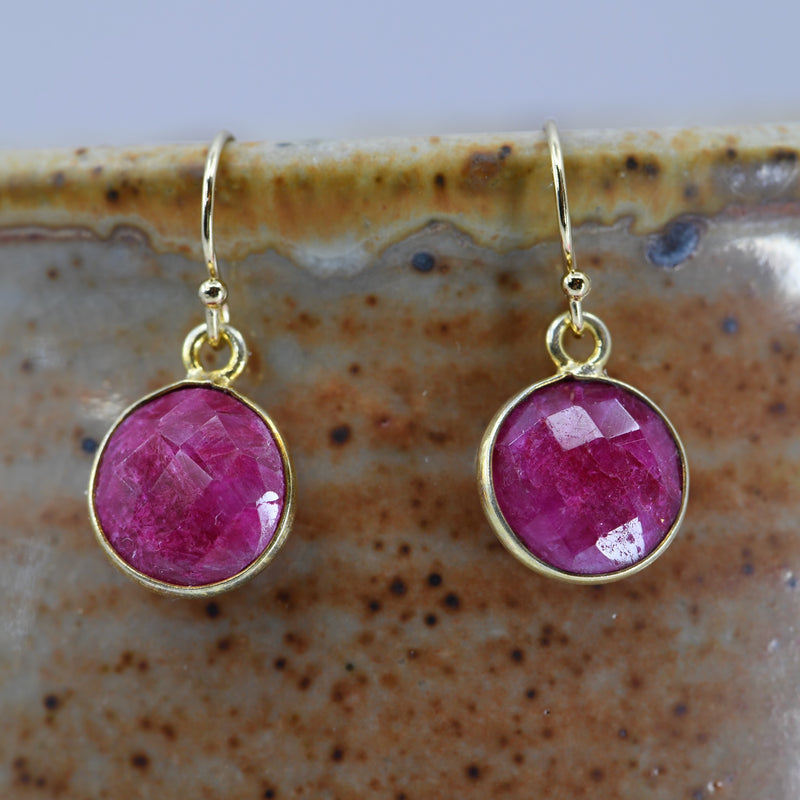 Natural Ruby Drop Earrings - 10mm Gold Bezel | July Birthstone