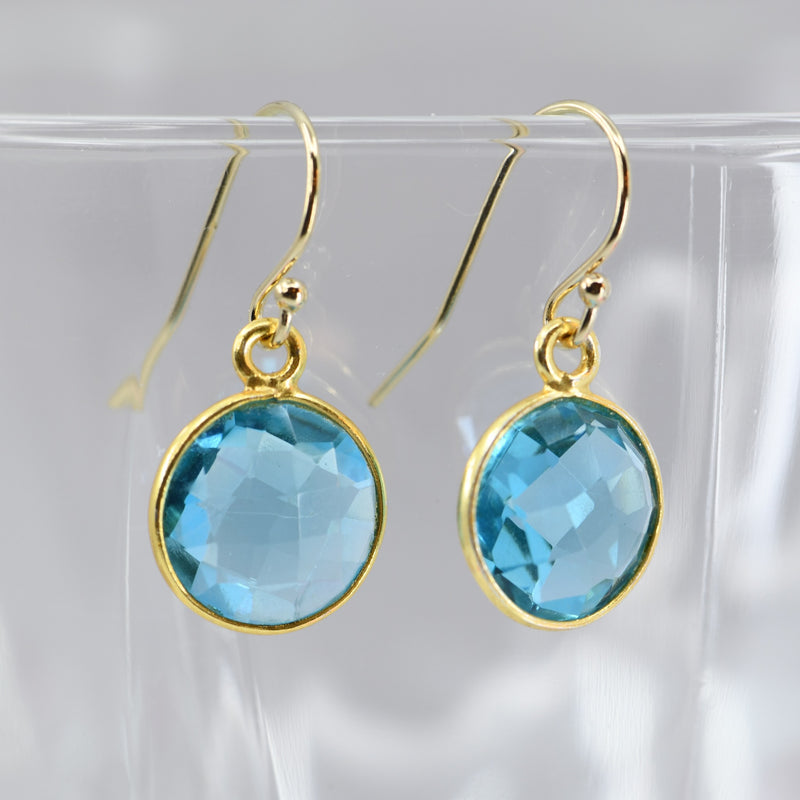 Aqua Blue Topaz Gold Bezel Earrings | Handcrafted December Birthstone