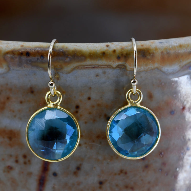 Aqua Blue Topaz Gold Bezel Earrings | Handcrafted December Birthstone