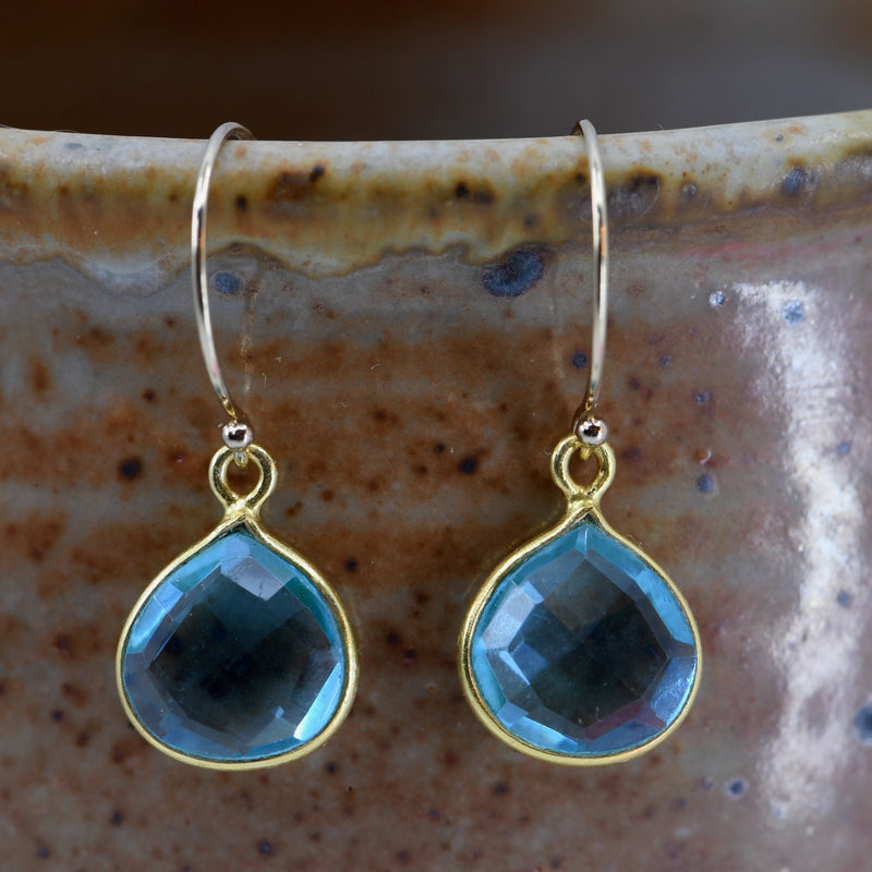 Aqua Blue Topaz Drop Earrings in Gold-Filled | Pear Bezel Setting