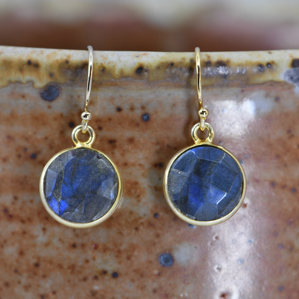 Labradorite Gold Bezel Earrings | 10mm Natural Stone Drop