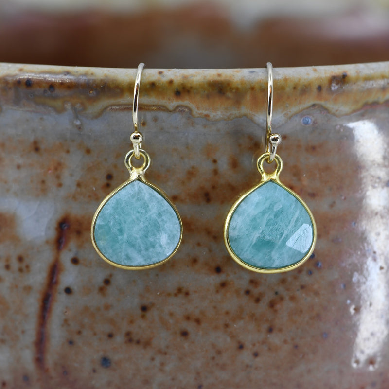 Gold Amazonite Drop Earrings - Natural Gemstone Bezel Set Pear Earrings - Handcrafted