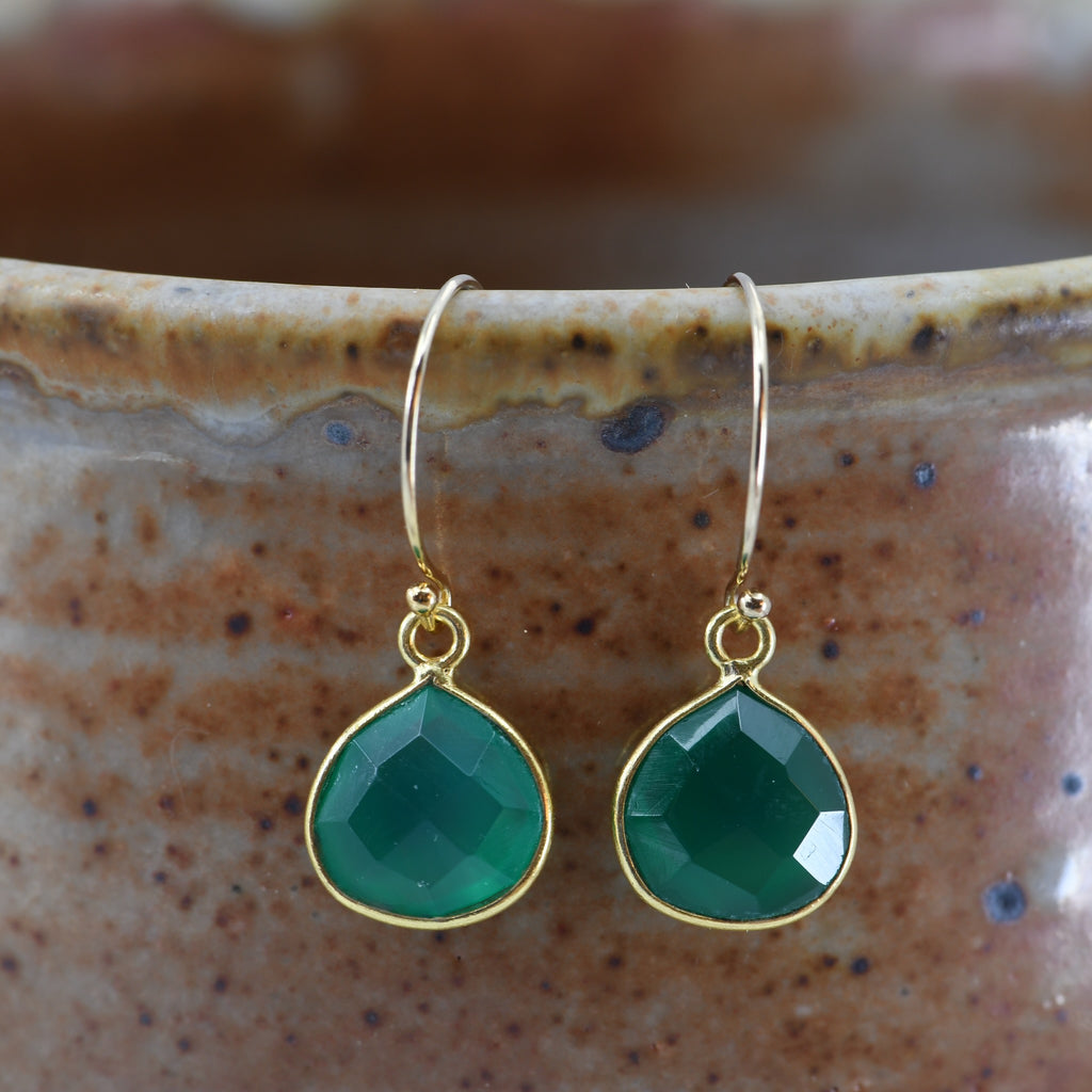 Handmade Green Onyx Drop Earrings - 10mm Pear Shaped Gemstone in Gold Filled Bezel | Modern Minimalist Jewelry