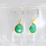 Handmade Green Onyx Drop Earrings - 10mm Pear Shaped Gemstone in Gold Filled Bezel | Modern Minimalist Jewelry