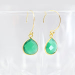 Handmade Green Onyx Drop Earrings - 10mm Pear Shaped Gemstone in Gold Filled Bezel | Modern Minimalist Jewelry