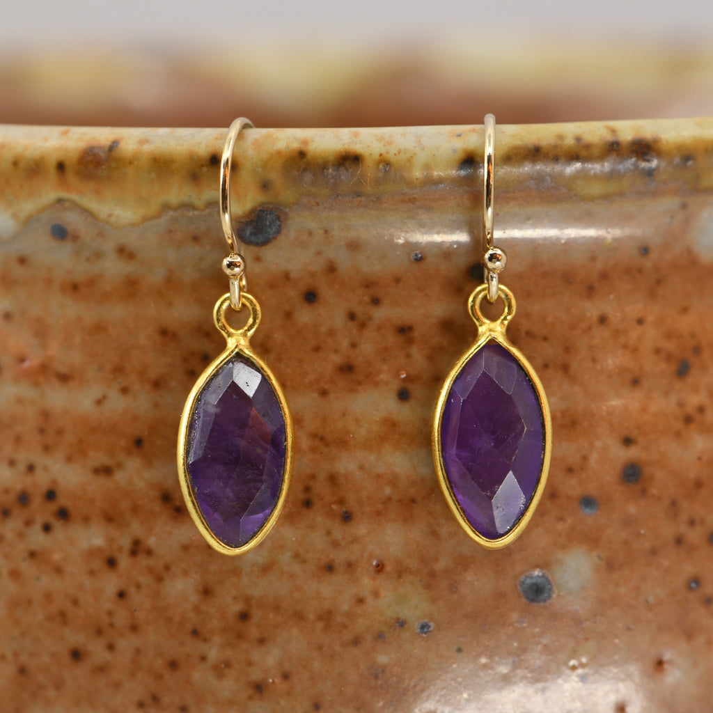 Amethyst Earrings | Gold Filled Half Hoop Marquis Cut