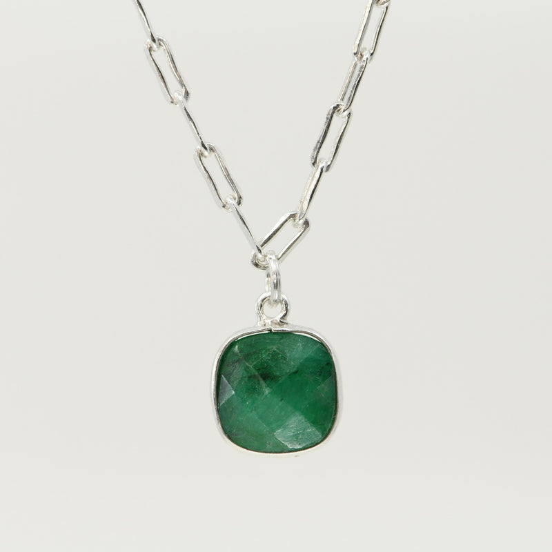 Silver Emerald Square Necklace | Sterling Silver Paperclip Chain