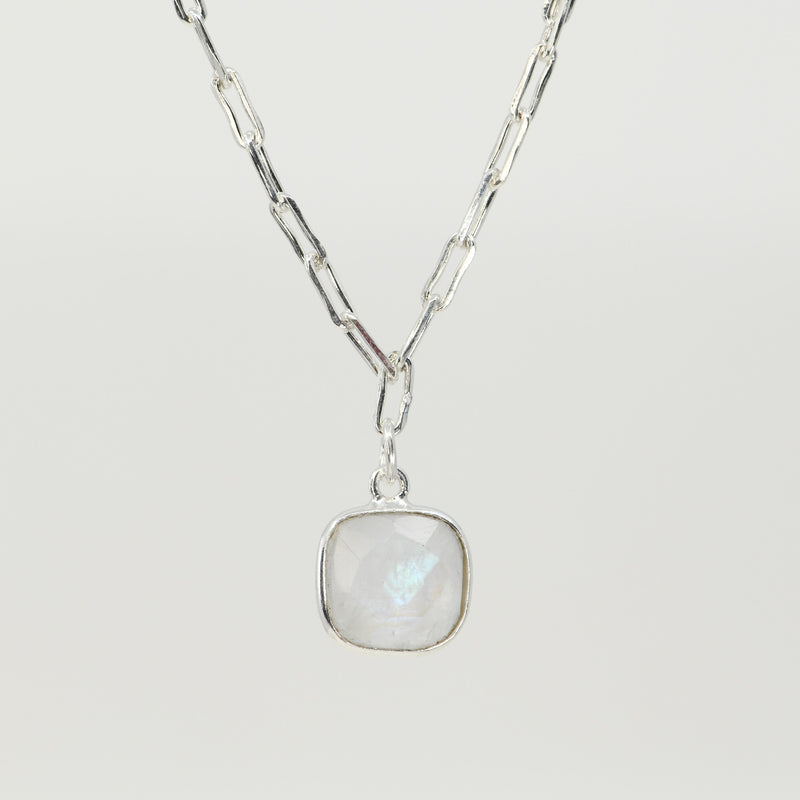 Square Rainbow Moonstone Silver Necklace | Blue Flash Pendant