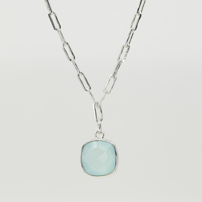 Silver Aqua Chalcedony Square Necklace | Sterling Silver Paperclip Chain