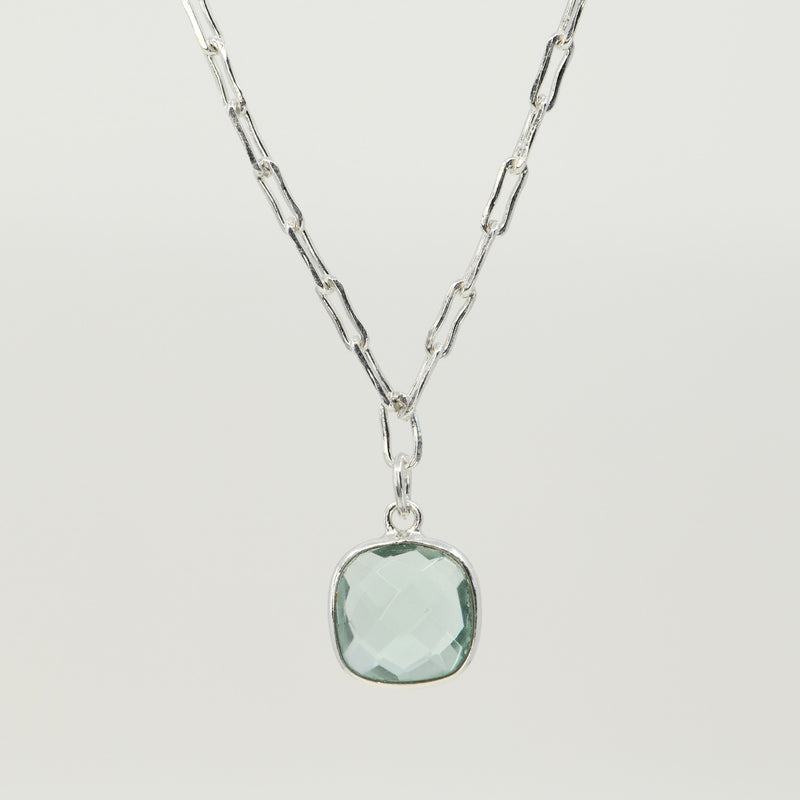 Silver Aquamarine Square Necklace | Sterling Silver Paperclip Chain