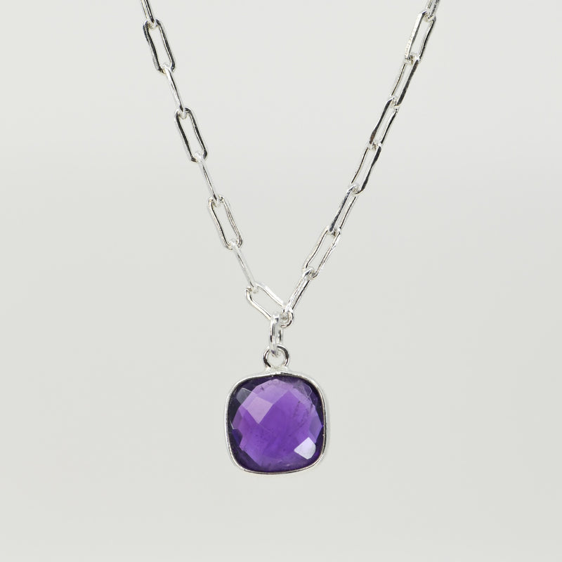 Silver Amethyst Square Necklace | Sterling Silver Paperclip Chain