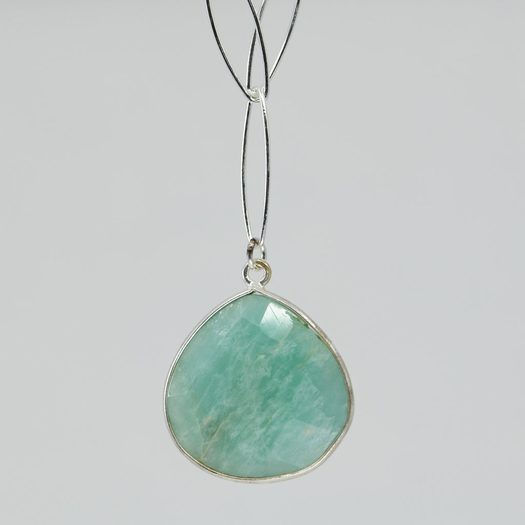 Amazonite Pendant Necklace Sterling Silver | 18" Marquise Chain | Handmade Green Stone Jewelry