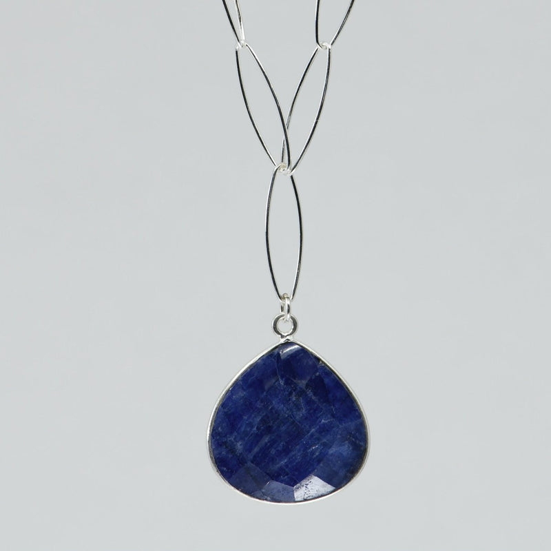 Natural Lapis Lazuli Statement Necklace | Sterling Silver Pear Pendant | Marquise Chain | 20mm Gemstone