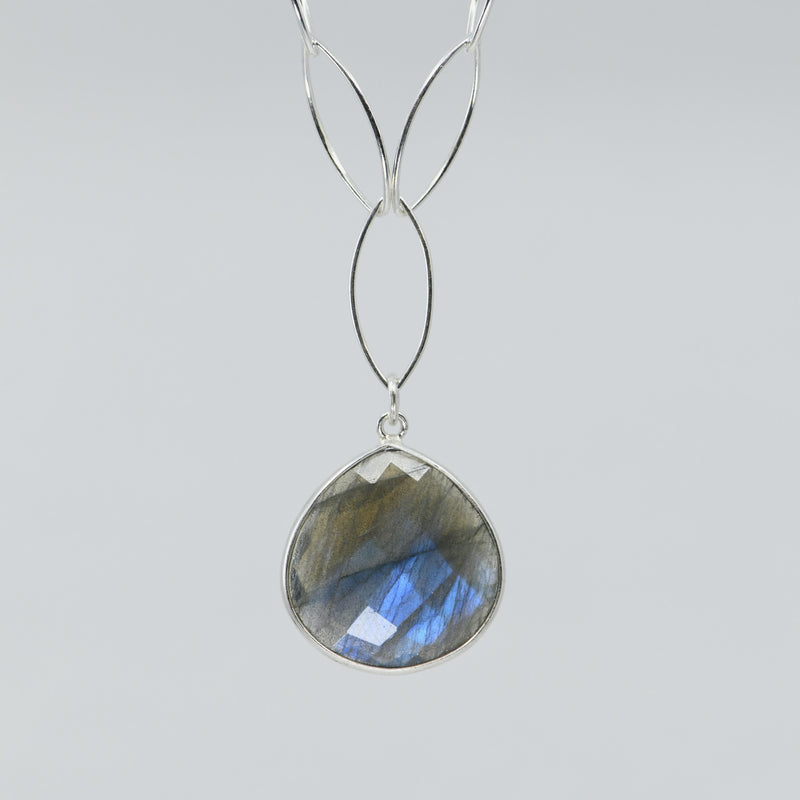 Natural Labradorite Statement Necklace | Sterling Silver Pear Pendant | Marquise Chain | 20mm Gemstone