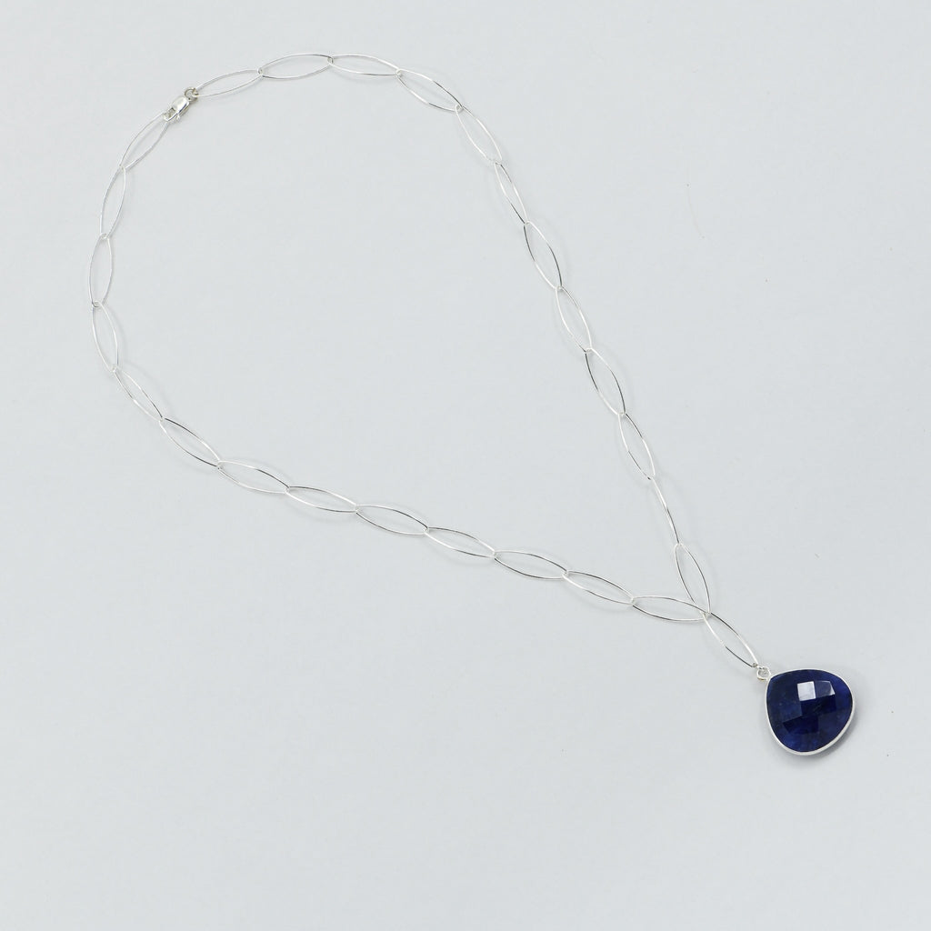 Natural Lapis Lazuli Statement Necklace | Sterling Silver Pear Pendant | Marquise Chain | 20mm Gemstone