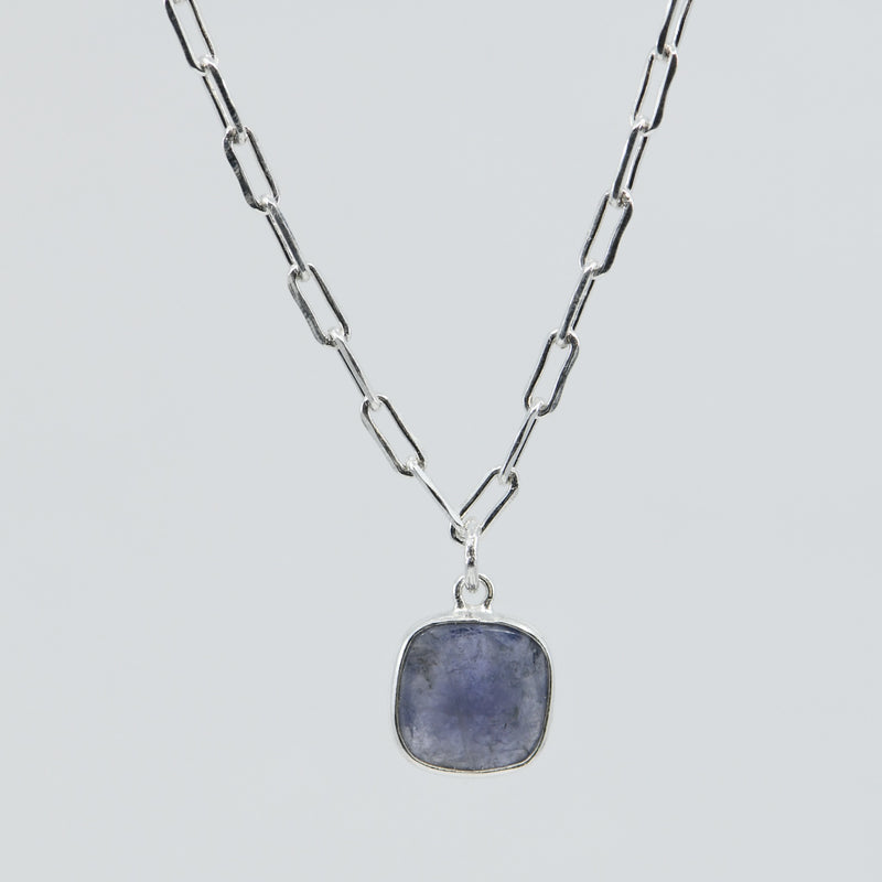 Silver Iolite Square Necklace | Sterling Silver Paperclip Chain