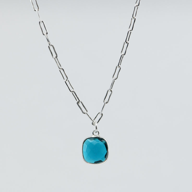 Silver Neon Apatite Square Necklace | Sterling Silver Paperclip Chain