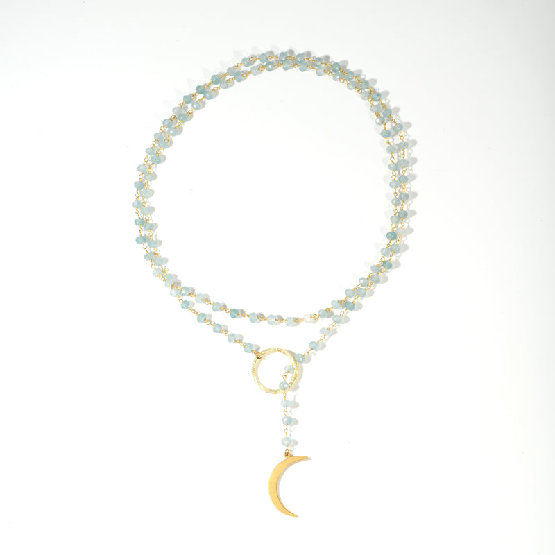 Milky aquamarine rosary crescent moon lariat necklace, full length view on gold-plated sterling silver.