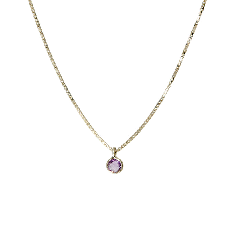 Tiny amethyst pendant on sterling silver box chain, front view